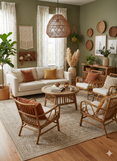 7' x 10' neutral warm beige and pale gray distressed pattern area rug placed beneath a coffee table in a light, contemporary living room with neutral furniture.