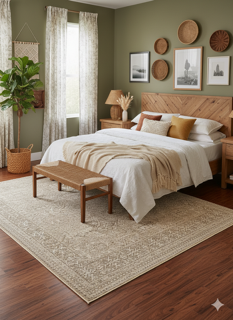 7' x 10' neutral warm beige and pale gray distressed pattern area rug styled partially under a bed in a calm bedroom with soft neutral decor.