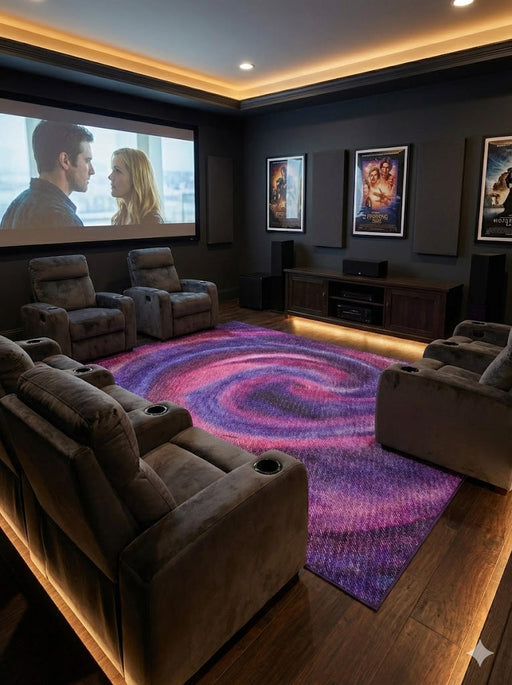 7' x 10' purple and pink abstract modern rectangular area rug positioned in a home theater room beneath recliner seating, adding vibrant color and texture.