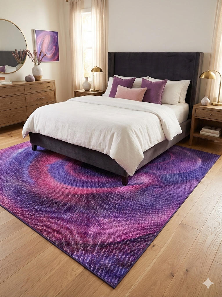 7' x 10' purple and pink abstract modern rectangular area rug styled under a bed in a contemporary bedroom with purple accent pillows and warm wood furniture.