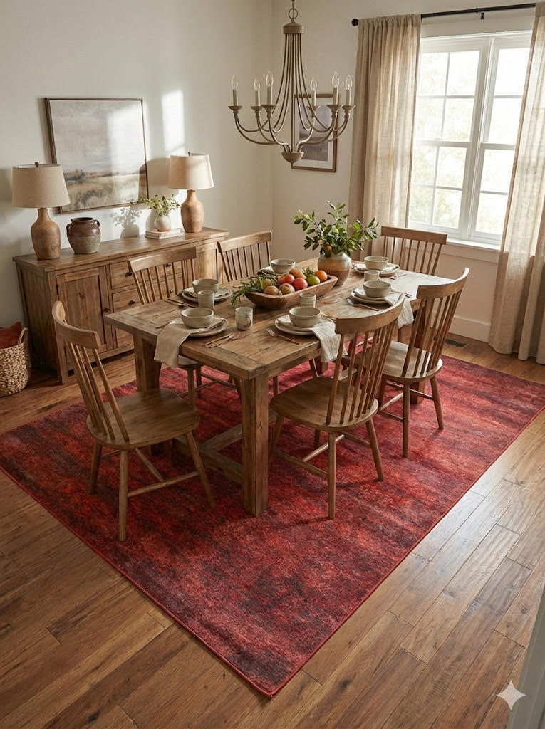 7' x 10' red and burgundy distressed vintage farmhouse rectangular area rug placed under a rustic wooden dining table with matching chairs, creating a warm farmhouse dining space.