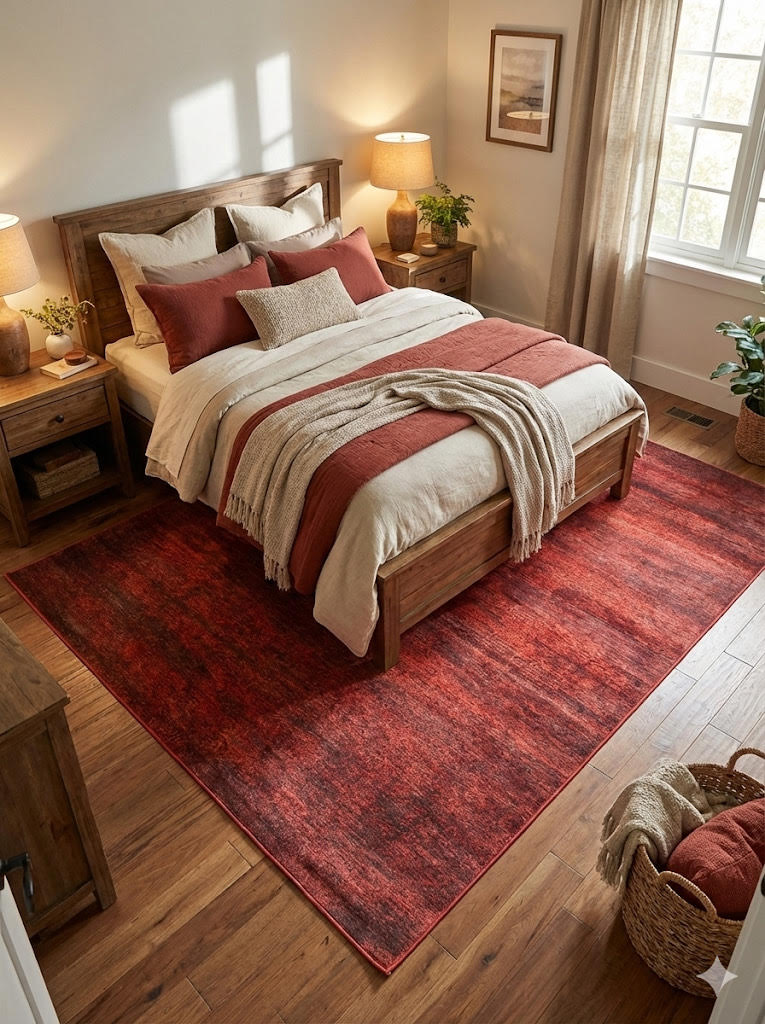 7' x 10' red and burgundy distressed vintage farmhouse rectangular area rug positioned beneath a wooden bed frame in a farmhouse-style bedroom with layered neutral bedding and warm wood furniture.
