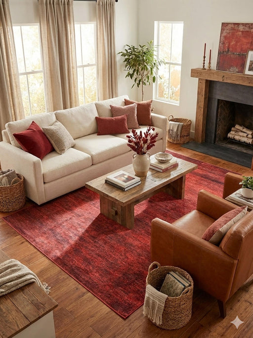 7' x 10' red and burgundy distressed vintage farmhouse rectangular area rug styled in a cozy living room with a neutral sofa, leather accent chair, rustic wood coffee table, and warm natural decor.