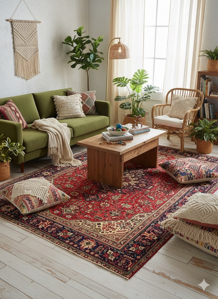 7' x 10' red, navy, and cream traditional Persian-style area rug styled beneath a wooden coffee table in a cozy living room with plants, woven accents, and neutral seating.