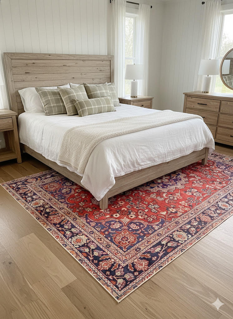 7' x 10' red, navy blue, and cream floral medallion traditional area rug positioned under a bed in a cozy bedroom with light wood furniture.