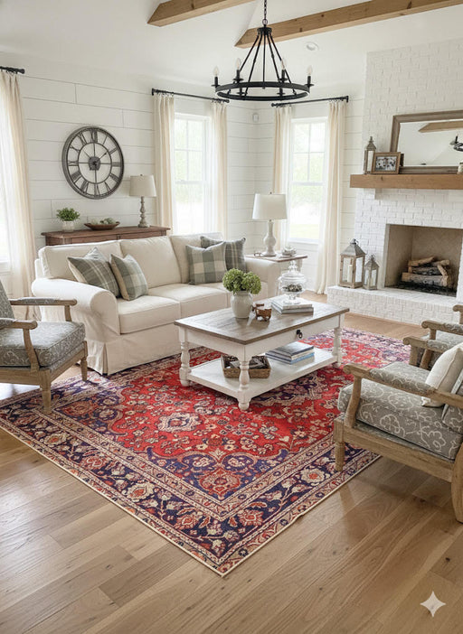 7' x 10' red, navy blue, and cream floral medallion traditional area rug styled in a farmhouse-inspired living room beneath a coffee table and neutral seating.