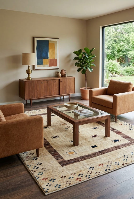7' x 7' Square Beige & Brown Geometric Tribal Southwestern Area Rug styled in a living room with brown leather armchairs and a wooden glass-top coffee table.