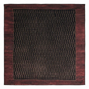 7' x 7' Square Black & Burgundy Minimalist Linear Geometric Modern Washable Area Rug featuring fine beige dashed lines across a black center with a wide distressed burgundy border.