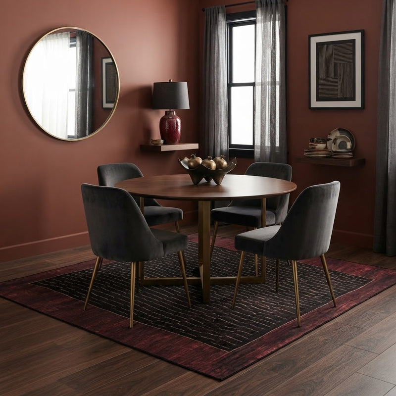 7' x 7' Square Black & Burgundy Minimalist Linear Geometric Modern Washable Area Rug styled in a dining room beneath a round wooden table and charcoal dining chairs.