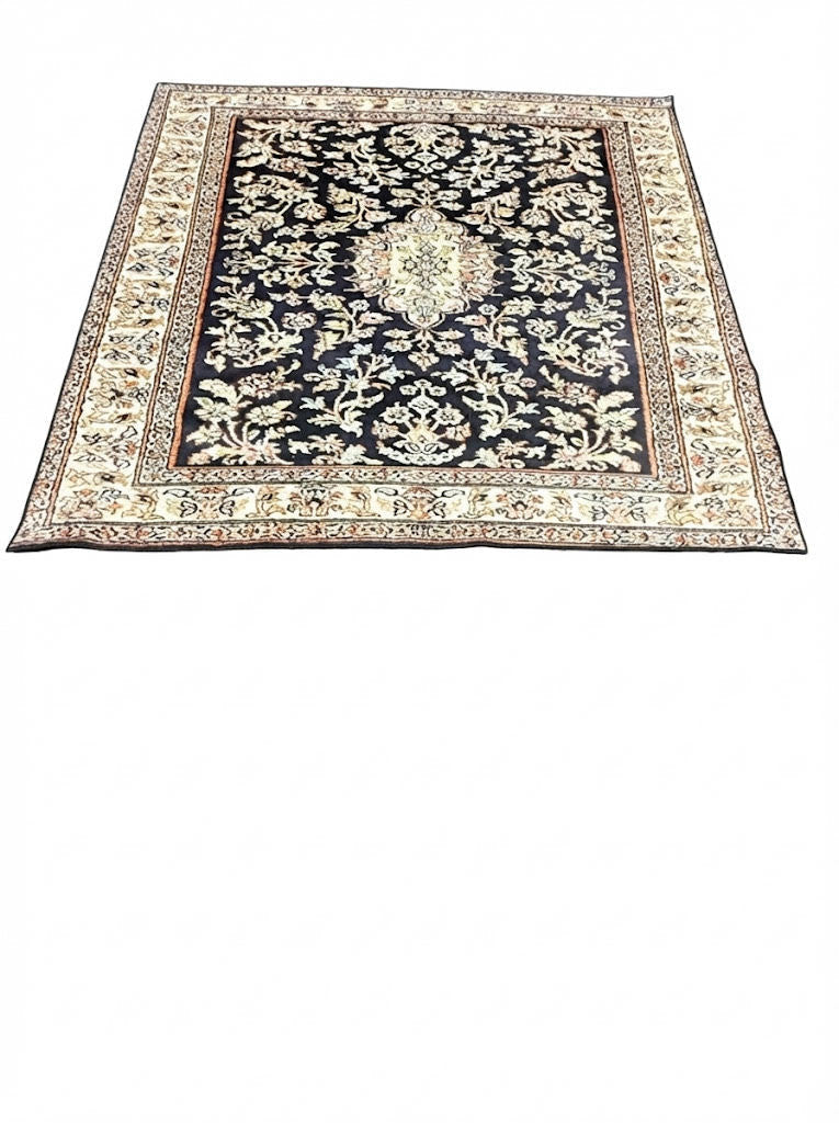 7' x 7' Square Black & Ivory Beige  Area Rug  with Floral Medallion Traditional Pattern