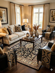 7' x 7' Square Black & Ivory Beige  Floral Medallion Traditional Area Rug styled in a cozy living room seating area. 