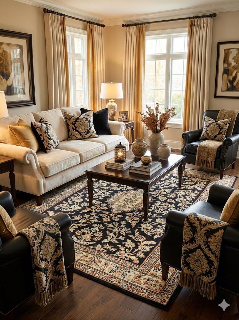 7' x 7' Square Black & Ivory Beige  Floral Medallion Traditional Area Rug styled in a cozy living room seating area. 