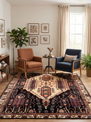 7' x 7' Square Black & Ivory Rust Tribal Geometric Medallion Traditional Area Rug styled in a living room with rust and navy accent chairs.