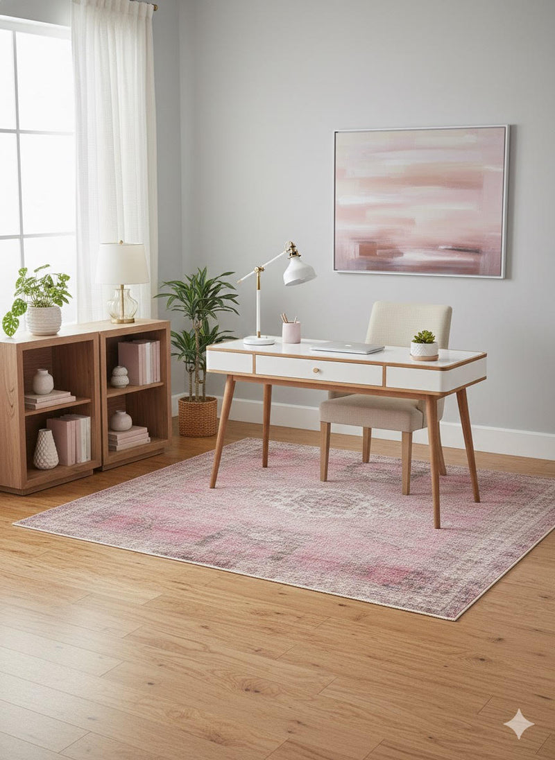 7' x 7' Square Blush Pink & Ivory Light Gray Distressed Medallion Boho Area Rug placed in a bright home office with a white wooden desk, cream upholstered chair, and wooden bookshelf.