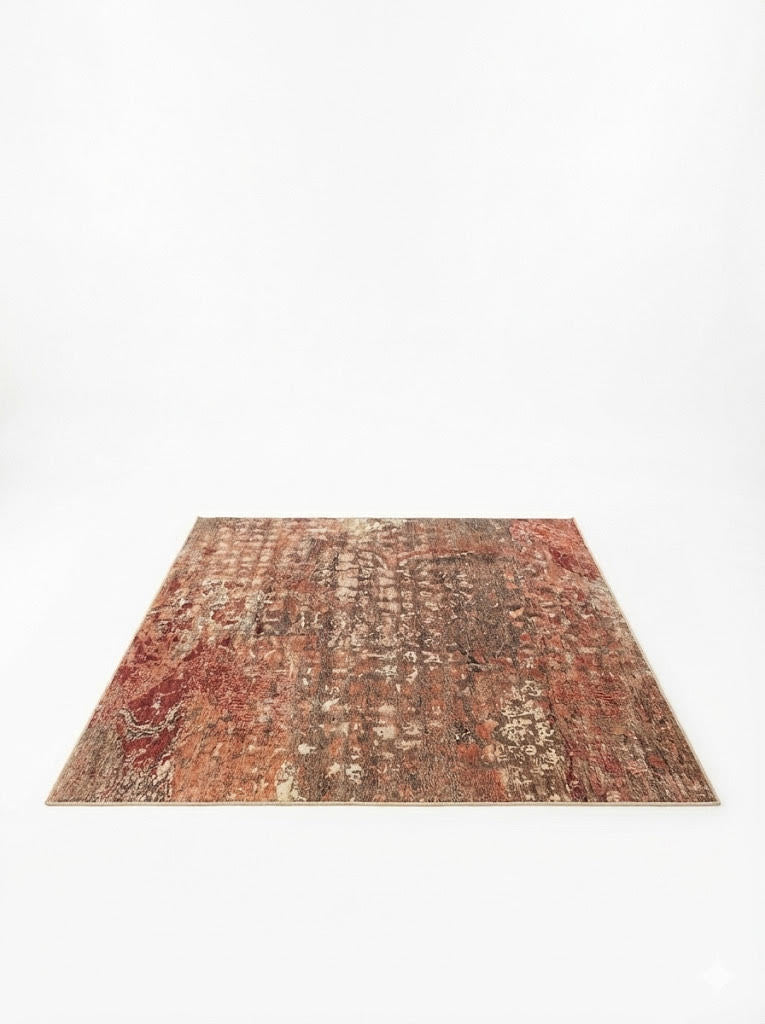 7' x 7' Square Brick Red Ivory Brown Subtle Beige Abstract Distressed Area Rug displayed alone on a white background studio setting.