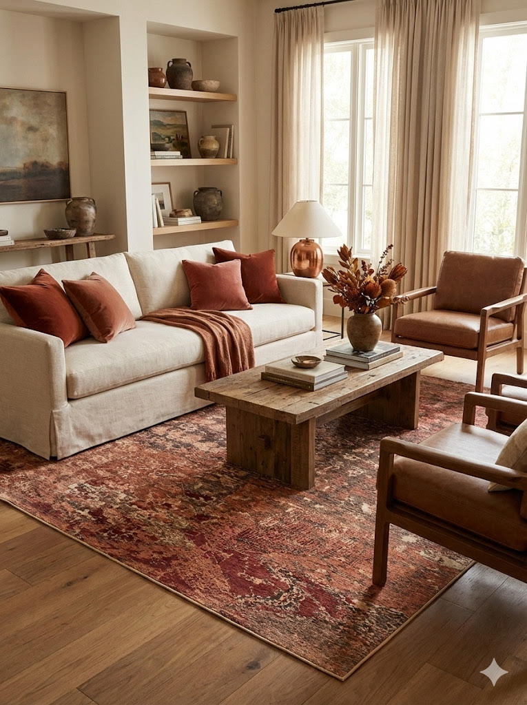 7' x 7' Square Brick Red Ivory Brown Subtle Beige Abstract Distressed Area Rug placed / styled in a cozy living room under a rustic wood coffee table, paired with a cream sofa and leather accent chairs.