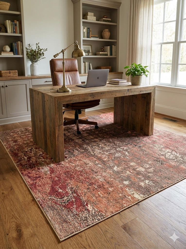 7' x 7' Square Brick Red Ivory Brown Subtle Beige Abstract Distressed Area Rug placed / styled in a home office beneath a solid wood desk, surrounded by built-in shelving and large sunlit windows.