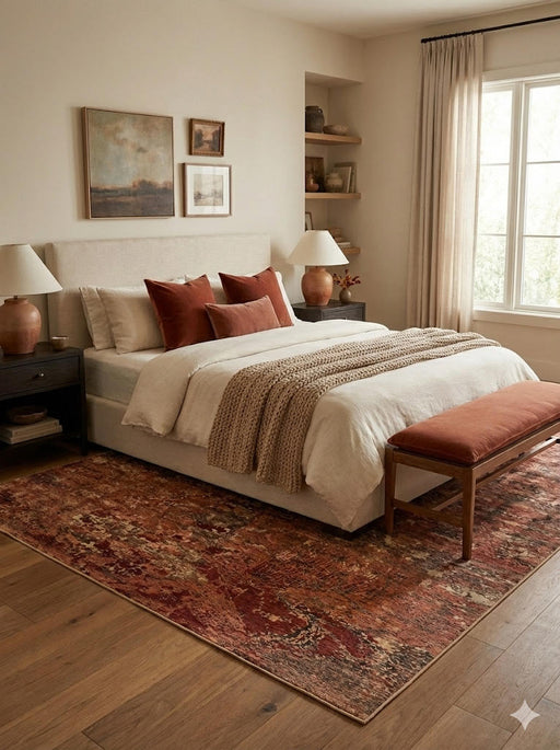 7' x 7' Square Brick Red Ivory Brown Subtle Beige Abstract Distressed Area Rug placed / styled in a warm neutral bedroom beneath a beige upholstered bed, complemented by rust accent pillows and wood nightstands.