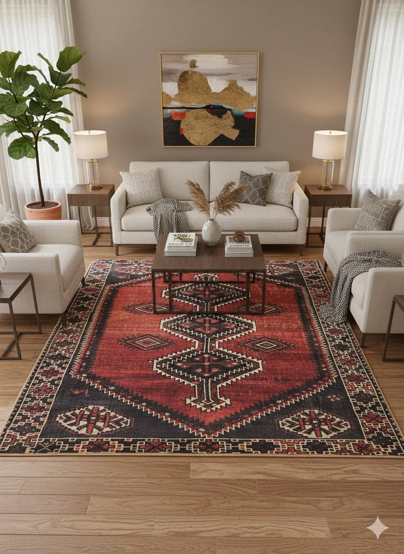 7' x 7' Square Burgundy Charcoal Black Geometric Tribal Area Rug styled in a living room featuring bold geometric tribal patterns and a rich burgundy center with charcoal accents.