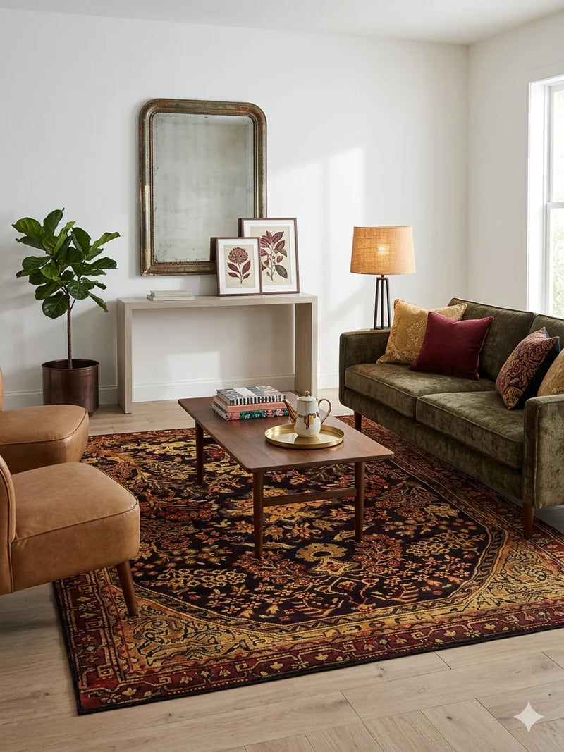 7' x 7' Square Burgundy Gold Floral Medallion Traditional Area Rug