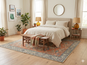 7' x 7' Square Coral & Blue Distressed Floral Vintage Area Rug placed beneath a bed in a serene bedroom.
