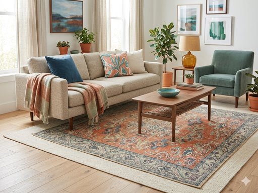 7' x 7' Square Coral & Blue Distressed Floral Vintage Area Rug styled in a bright living room.