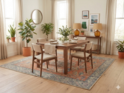 7' x 7' Square Coral & Blue Distressed Floral Vintage Area Rug styled under a dining table in a warm dining room.