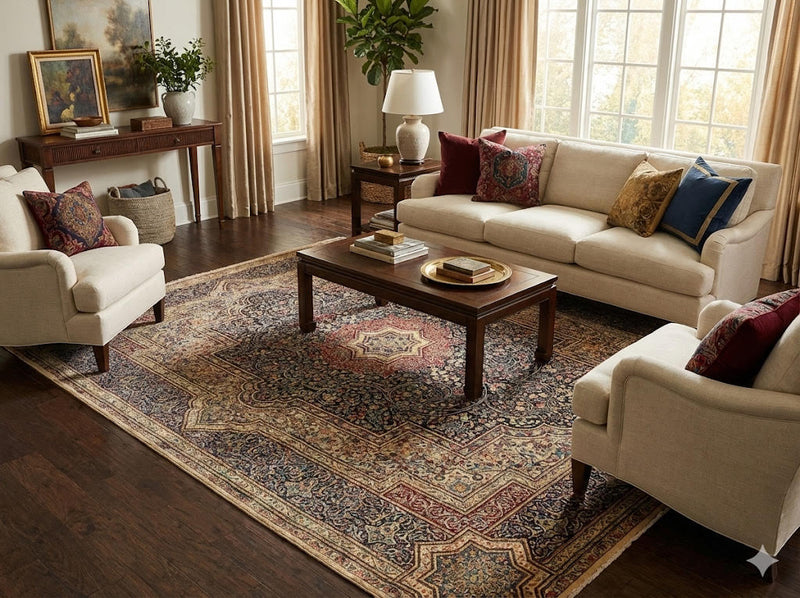 7' x 7' Square Deep Navy Multi Color Traditional Persian Medallion Area Rug placed / styled in a bright traditional living room beneath a dark wood coffee table, surrounded by cream upholstered seating and warm wood flooring.