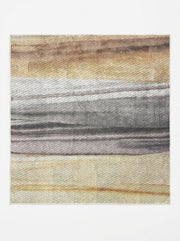 7' x 7' Square Gray Beige & Gold Abstract Striped Modern Area Rug featuring soft horizontal gray bands with beige, cream, and warm gold accents.