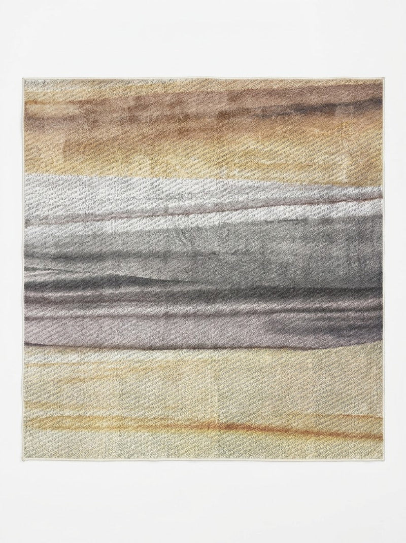 7' x 7' Square Gray Beige & Gold Abstract Striped Modern Area Rug featuring soft horizontal gray bands with beige, cream, and warm gold accents.