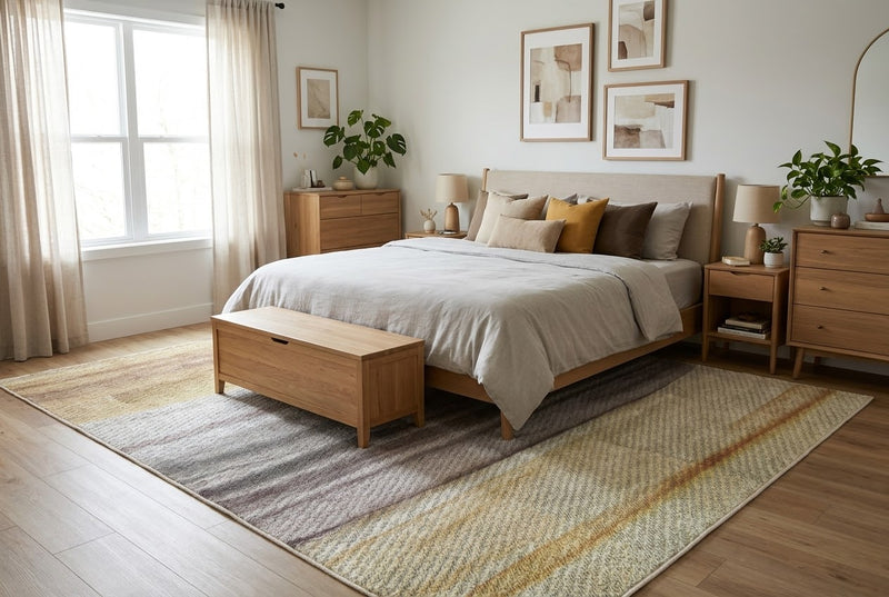 7' x 7' Square Gray Beige & Gold Abstract Striped Modern Area Rug placed in a bedroom beneath a wooden bed with white bedding and a wooden storage bench.