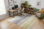 7' x 7' Square Gray Beige & Gold Abstract Striped Modern Area Rug styled in a home office beneath a wooden desk and upholstered office chair.