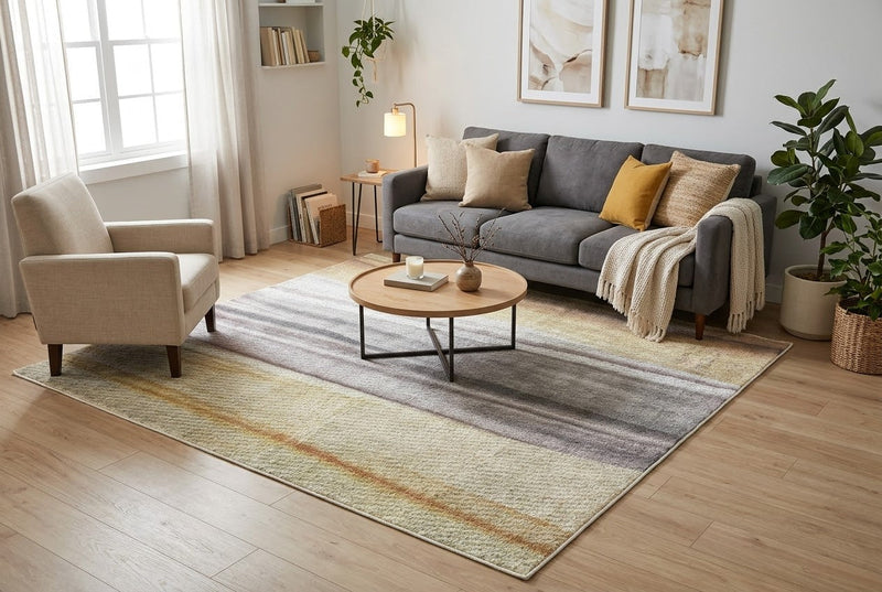 7' x 7' Square Gray Beige & Gold Abstract Striped Modern Area Rug styled in a living room with a gray sofa, cream accent chair, and round wooden coffee table.