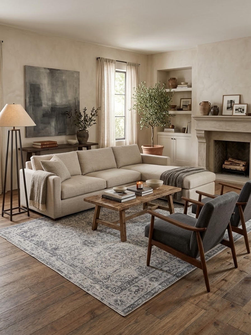 7' x 7' Square Gray & Charcoal Distressed Floral Medallion Vintage Area Rug styled in a living room with a beige sectional sofa and wooden coffee table.