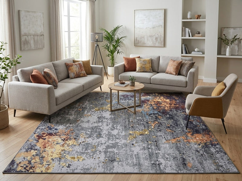 7' x 7' Square Gray Gold & Rust Distressed Abstract Modern Washable Area Rug styled in a living room with two gray sofas and a round wooden coffee table.
