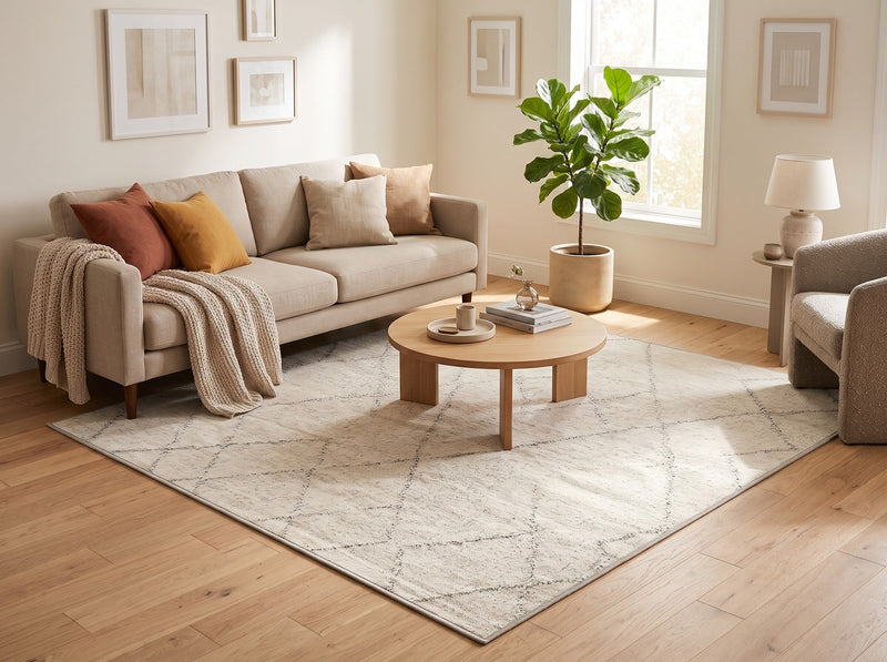 7' x 7' Square Ivory & Gray Diamond Geometric Moroccan Modern Washable Area Rug styled in a living room with a beige sofa and round wooden coffee table.