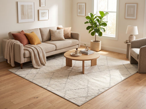 7' x 7' Square Ivory & Gray Diamond Geometric Moroccan Modern Washable Area Rug styled in a living room with a beige sofa and round wooden coffee table.