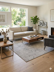 7' x 7' Square Ivory & Gray Distressed Abstract Modern Area Rug styled in a bright contemporary living room.