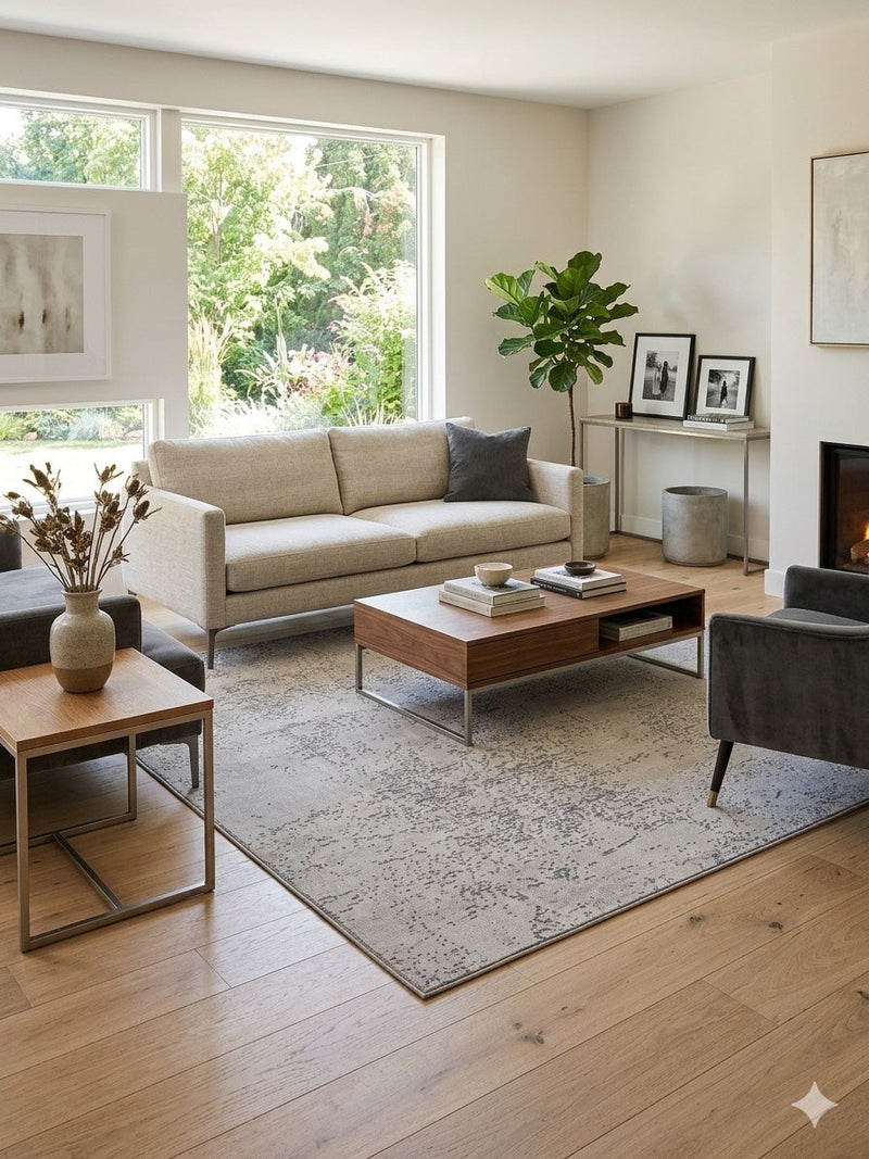 7' x 7' Square Ivory & Gray Distressed Abstract Modern Area Rug styled in a bright contemporary living room.