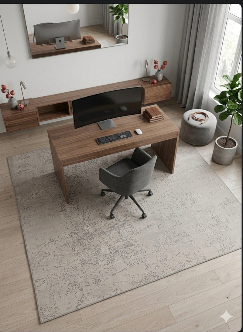 7' x 7' Square Ivory & Gray Distressed Abstract Modern Area Rug styled in a minimalist home office.