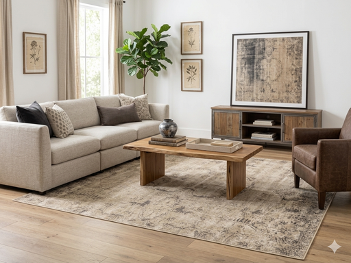 7' x 7' Square Ivory Gray Distressed Medallion Vintage Area Rug styled in a bright living room with a neutral sectional sofa, leather accent chair, and natural wood coffee table.