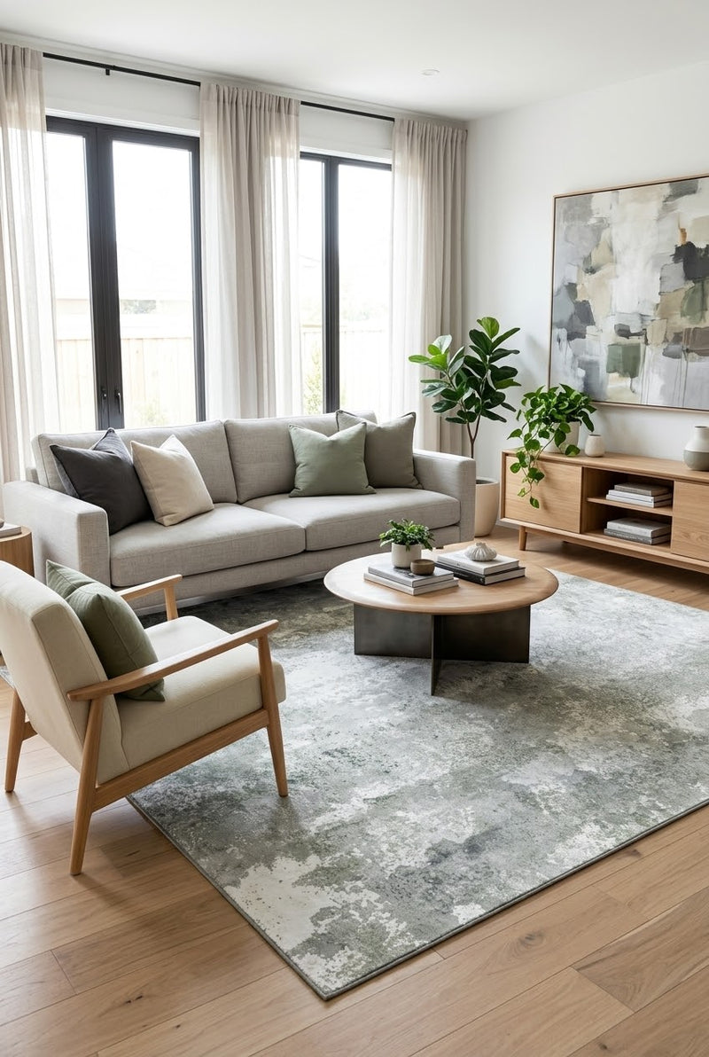 7' x 7' Square Light Gray & Sage Green Distressed Abstract Modern Washable Area Rug styled in a living room with a light gray sofa and round wooden coffee table.
