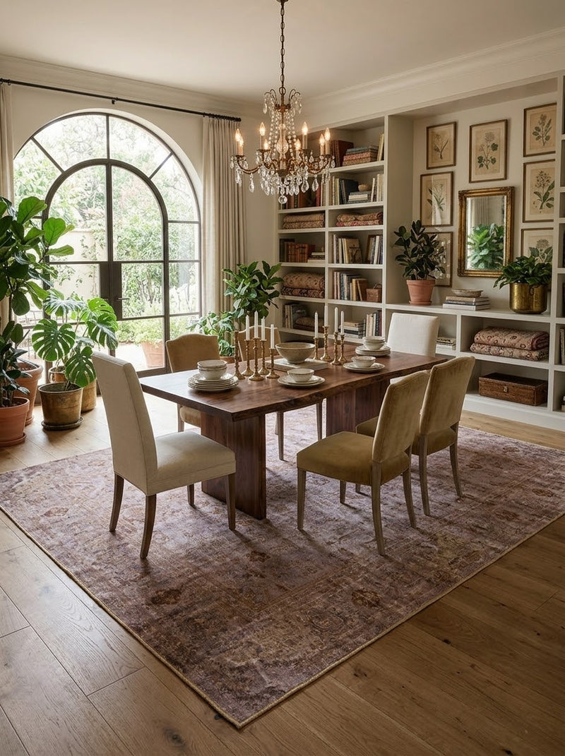 7' x 7' Square Mauve & Taupe Distressed Floral Medallion Vintage Area Rug styled in a dining room beneath a wooden dining table and upholstered chairs.