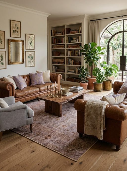 7' x 7' Square Mauve & Taupe Distressed Floral Medallion Vintage Area Rug styled in a living room with brown leather sofas and a wooden coffee table.