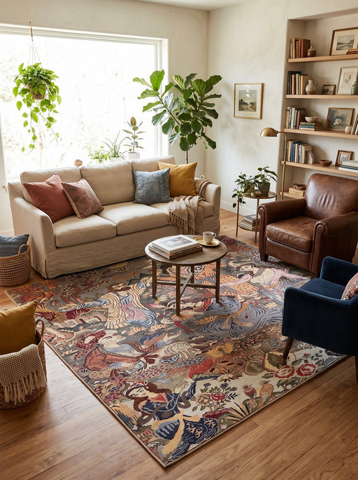7' x 7' Square Multicolor Pictorial Floral Traditional Persian Style Area Rug styled in a living room with a beige sofa, brown leather armchair, and round wooden coffee table.