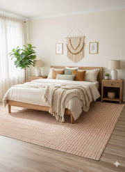 7' x 7' Square Natural Beige Soft Ivory Geometric Contemporary Area Rug displayed in a bedroom setting showcasing its cozy texture and calming neutral color palette.