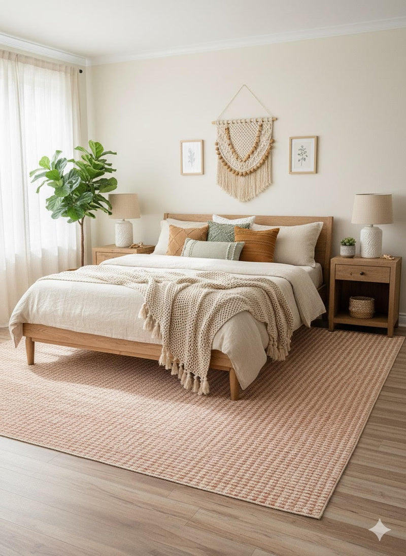 7' x 7' Square Natural Beige Soft Ivory Geometric Contemporary Area Rug displayed in a bedroom setting showcasing its cozy texture and calming neutral color palette.
