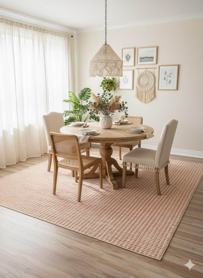 7' x 7' Square Natural Beige Soft Ivory Geometric Contemporary Area Rug placed in a dining room highlighting the soft ivory and beige pattern that complements natural wood furniture.