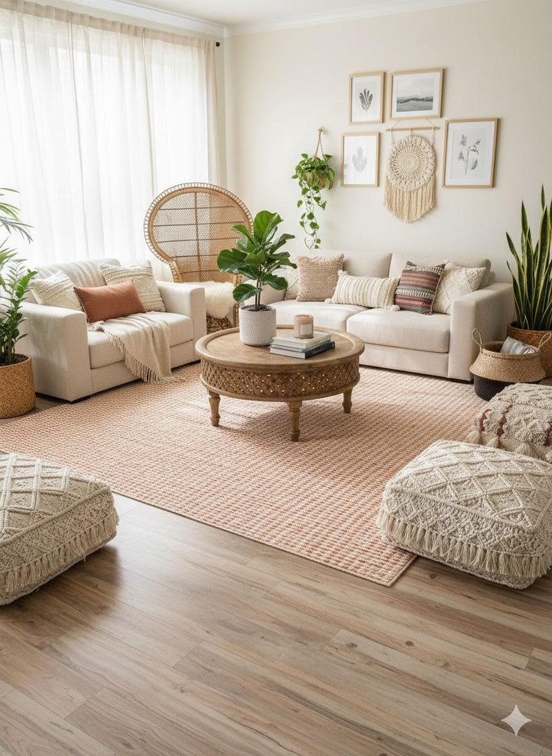 7' x 7' Square Natural Beige Soft Ivory Geometric Contemporary Area Rug styled in a bright living room featuring a subtle geometric pattern and warm neutral tones.