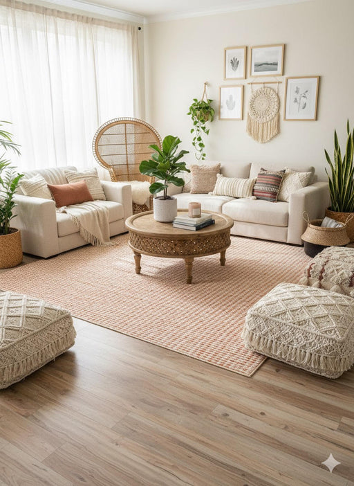 7' x 7' Square Natural Beige Soft Ivory Geometric Contemporary Area Rug styled in a bright living room featuring a subtle geometric pattern and warm neutral tones.
